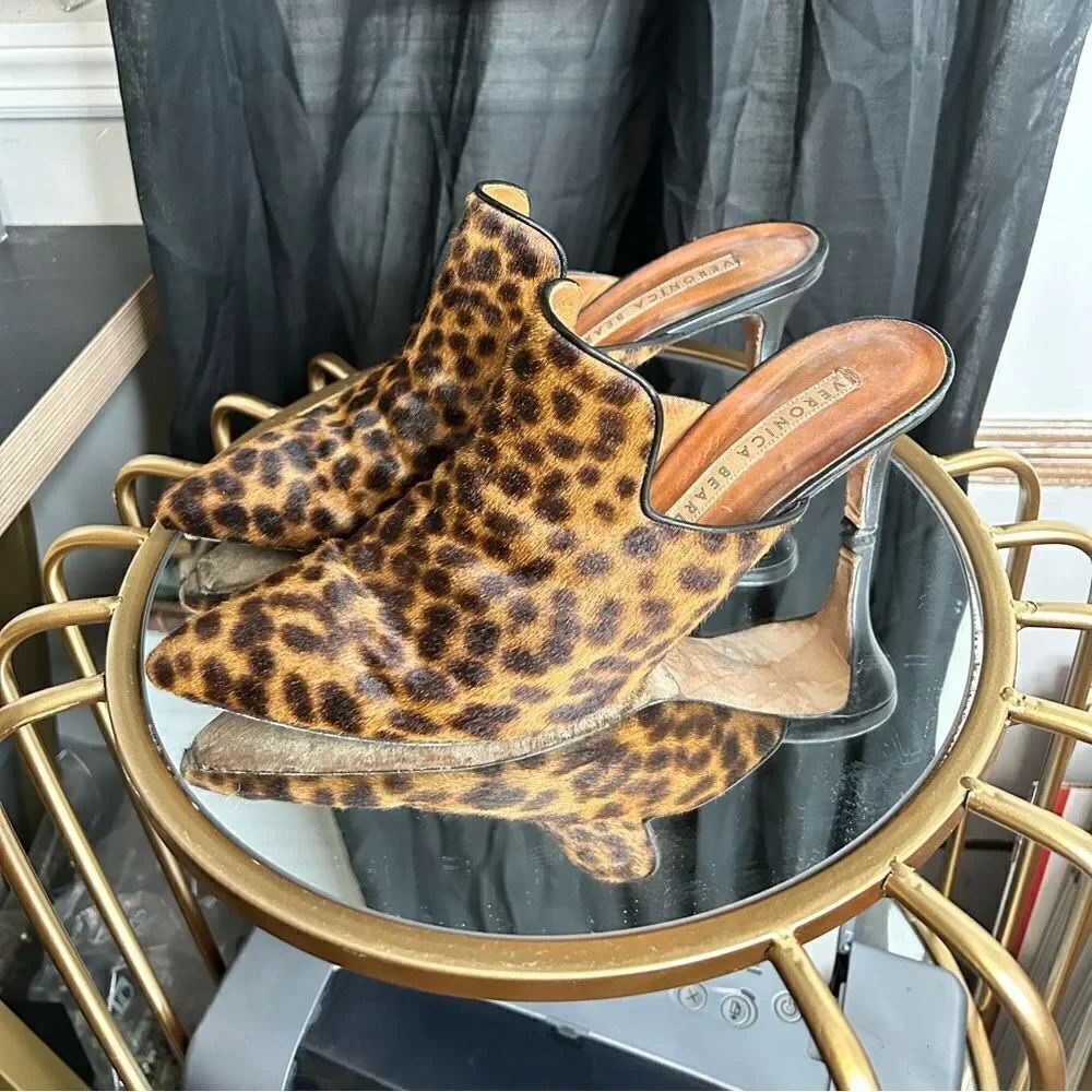 Veronica Beard Leopard Print Pony Hair Mules